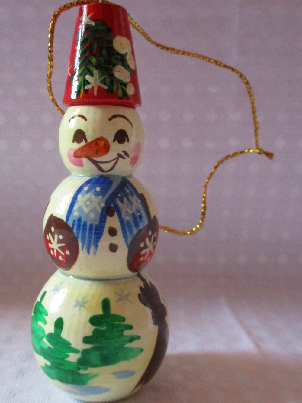 Handmade & Painted Wooden Snowman Christmas Ornament Made in Russia  3.5"